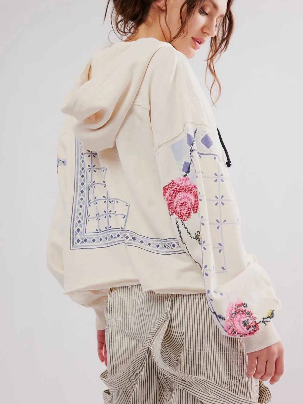 Free People Sweet Treat Embroidered Pullover Hoodie Sweatshirt in Ivory Combo